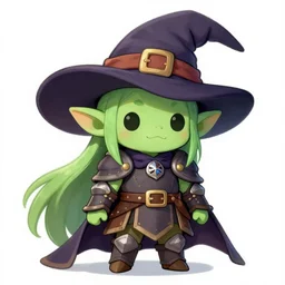 cute tiny goblin girl wearing hunter armor from Bloodborne and a wizard hat, geeen skin, d&d, drawn by Zone-tan
