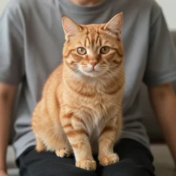 hyper realistic orange furry cat sits on the human laps, realistic, synthwave
