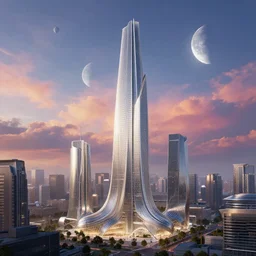 concept art image of an intricate detailed dmt skyscraper amidst a futuristic city against a fantastic colorful sky with a couple moons, by anton fadeev, by denise scott brown, architectural rendering