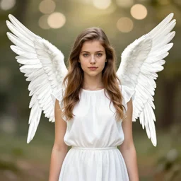 centered  waist up portrait photography an angel + bokeh + DOF + 8k, photorealistic + rendered in octane + illustration by Peter Mohrbacher and Hans Baluschek + line work by Dan Mumford