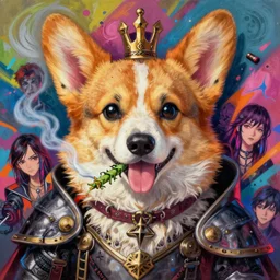 beautiful anime painting of corgi goth knight smoking weed, by noah bradley, patrick woodroffe, posuka demizu, qing han, trending on artstation, 8 k, masterpiece, graffiti paint, fine detail, full of color, intricate detail, golden ratio illustration, face enhance