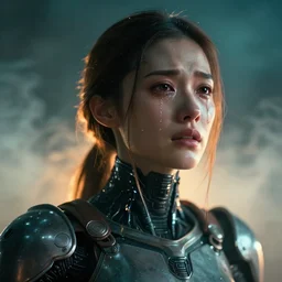 ( ( symmetry ) ) closeup portrait of a stunning cyborg girl crying in tears, armor set, strong cinematic light, backlit, teal orange, viscous volumetric smoke, mist, by gerald brom, by mikhail vrubel, by peter elson, muted colors, extreme detail, trending on artstation, 8 k