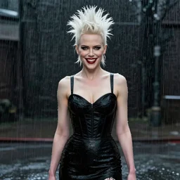 Joshua Middleton comic art, pretty female Nicole Kidman, punk rocker, evil smile, symmetrical face, symmetrical eyes, white mohawk, black dress, full body:: rainy weather::