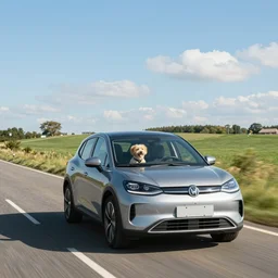 photorealistic car driving through the countryside on a sunny day, with a dog driving the vehicle