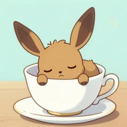 A tiny vulpix sleeping in a teacup, close angle, cartoon