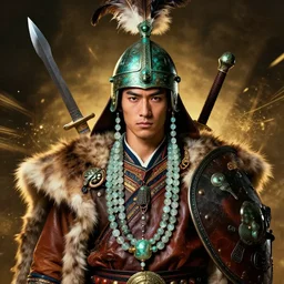 beautiful portrait depicted an tai ethnic king, young japanese male face, clothed with an glass canelian agate beads, dongson bronze artifacts, leather, elegant and rich cloth made of fur and leather. he wears on head a helmet made of bronze, feathers, attaches iron sword and leather shield. by daniel f. gerhartz and artgerm and greg rutkowski. dark fantasy art, energetic mood, golden ratio composition, dynamic lighting, trending on artstation, poster, volumetric lighting, 4 k