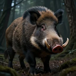 giant wild boar with bloody eyes and many tusks, in dark woods, dim colors, forest, highly detailed illustration, masterpiece, fantasy, magical, hyperdetailed, realistic, witch fairytale, 4 k, 8 k, highly detailed matte painting, dungeons and dragons