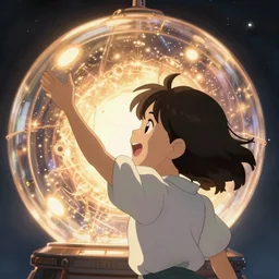 illustration of an excited young girl in front of a glowing sci-fi dome, studio ghibli, ultra hd, over the shoulder