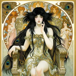 highly detailed portrait of a beautiful cute girl with peacock feathers, endless black hair, with pale skin, fibonacci, fragile, sitted on an intricate stone throne by alphonse mucha, ayami kojima, yoshitaka amano, charlie bowater, karol bak, greg hildebrandt, jean delville, and mark brooks, 4 k resolution