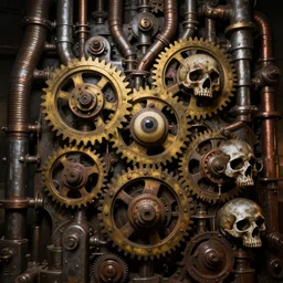 < highly detailed machinery, gold silver copper bronze metal, hundreds of gears, a thousand pipes, human skulls, ivory eyeballs, rust, rivets, dark gloomy with creepy lighting, style of H.R. Giger
