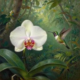 painting of an orchid and a hummingbird in front of a jungle landscape by martin johnson heade