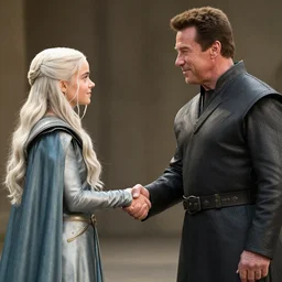 Daenerys Targaryen from game of thrones meet and shaking hands with arnold schwarzenegger