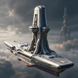 cinematic scifi render of a 3 d sculpt of a john harris aircraft carrier megalithic tower structure, halo, star wars, ilm, star citizen halo, mass effect, high tech industrial, artstation unreal, dramatic powerful sky
