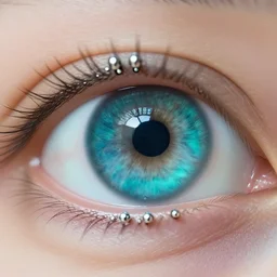 macro close-up of a beautiful (deeply saturated turquoise color) (iris of the human eye), with futuristic cybernetic metal AR implants, glassy, alert, crisp, detailed, 8K, 4K