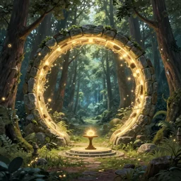 Fantasy Magical fairy-tale glowing stone portal in the forest. Round stone portal teleport in trees to other worlds. Fantastic landscape. Magic Altar in the fores, highly detailed, digital painting, artstation