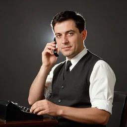 a long shot, studio photographic portrait of a telegraph operator, dramatic backlighting, 1 9 9 3 photo from life magazine,