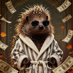 portrait, anthropomorphic porcupine, striped bathrobe, curly hair, electric sunglasses, surrounded by floating autumn dollar bills, fantasy, detailed, intricate, luminescent, elegant, coherent, by mandy jurgens, hannah yata and kay sage, donato giancola, detailed, artstation, cinematic lighting, artdeco, art deco outrun aesthetic