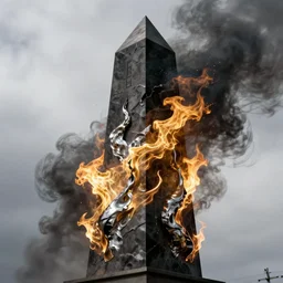 savage electric flames of gold and silver engulfing an obsidian obelisk by ed emshwiller, rococo, smoky, beautiful, mythical, mystical, highly detailed, hyperrealistic, energy, low light, high contrast, lifelike, bright sky