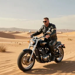carl cox in gta v as a biker in leathers, sunny desert.