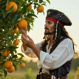 “ a pirate picking oranges off of a tree at sunset, ultra realistic ”