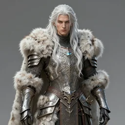fur coated armor!!! long wild white hair!! covered chest!!! fantasy, d & d, intricate ornate details, symmetry, concept art, sharp focus, illustration, art by artgerm! greg rutkowski magali villeneuve wlop! ilya kuvshinov!!, octane render, unreal engine 5, highly rendered!!