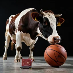 a cow dribbling a basketball, cow, dribbling, basketball, award winning, photography, dramatic angle