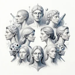 symmetry! portrait of multiple humans meeting, humans scientific intelligences, mooc, organic and intricate, elegant, highly detailed, concept art, smooth lines, sharp focus, illustration, shadows, penned with thin coloured pens on white, 8 k