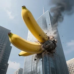 news camera footage of a giant banana asteroid falling from the sky and smashing through a skyscraper