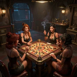 women in the interior of a steampunk apartment, by Joe Madureira, 3d scene, render, night time, smoking cigarettes, playing board games, artstation, cgsociety, unreal engine, 3d scene, zenith view