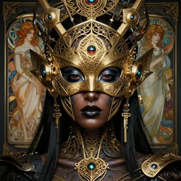 hyperrealistic detailed portrait of a beautiful dark goddess in an intricate golden ornamental geometrical ritual mask, intricate cyberpunk make - up, insane details, art by ernst haeckel, nekro borja, android jones, alphonso mucha, gothic - cyberpunk, ornamental, beautiful deep colours,