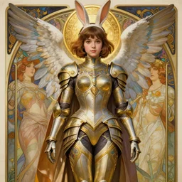 usagi bunny rabbit, lain iwakura, rei ayanami plug suit, female anime character, 3 d render beeple, realistic detailed painting of a 1 6 - year old girl who resembles millie bobby brown, as an angel with a golden halo wearing intricate, detailed art nouveau armor and silk, by alphonse mucha, ayami kojima amano, charlie bowater, karol bak, greg hildebrandt