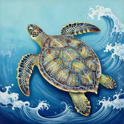 a beautiful painting of one full - body turtle with one turtle shell in the sea, sea wave ， good and evil ， rococco + baroque + magical + symmetrical + detailed intricate + heraldic design + atmosphere ， by peter mohrbacher and kentaro miura + high details, in the style of jean delville, artstation, 8 k, tarmo juhola, ivan laliashvili, james gurney, moebius, roger dean, wlop, victo ngai, 4 k, cinematic