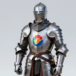 a medieval knight with brightly colored sponsorship logo branding on his armor. there is a big logo on his chest and smaller logos elsewhere. high quality studio photography, promotional photography