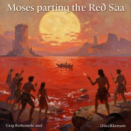 “Moses parting the Red Sea, fantasy concept art by Greg Rutkowski and J. Dickenson”