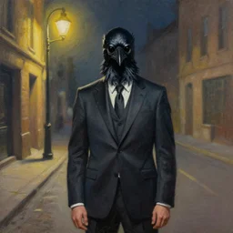 a beautiful painting of a man wearing a suit and a raven mask standing in the middle of a street illuminated by a lone street lamp, by mark brooks cinematic lighting, detailed drawing, portrait
