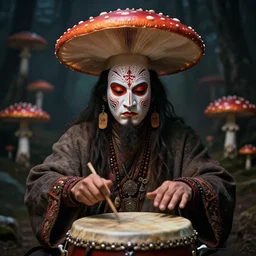 an ancient amanita muscaria siberian shaman playing drum to invoke the power of spirits, realistic, detailed digital visionary art, mysterious, cinematic lighting, in a symbolic and meaningful style, symmetrical detailed face h 7 0 4