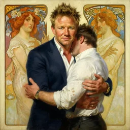 gordon ramsay embracing guy fieri figure painting, painting by gaston bussiere, craig mullins, greg rutkowski, alphonse mucha