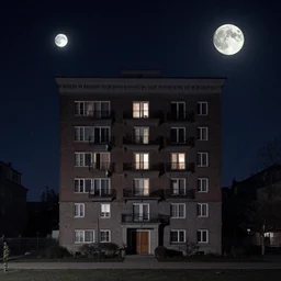 ( ( ( ( a single apartment building in a moonlit night in the style of peter mohrbacher and jacek yerka, symmetrical composition ) ) ) )