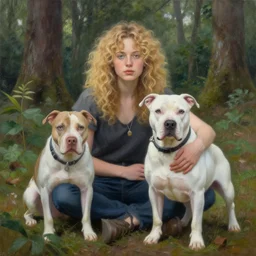 girl with curly blonde hair sits in a forest with a white pitbull next to her, highly detailed, painting by rebecca guay