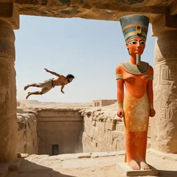 a man slides in an ancient cave, egyptian style, when on the horizon it seems that he is about to fall into the abyss, but in front of him an egyptian figure appears, painted all in orange, she is very similar to nefertiti, she has no expression on her face, she is a divine being