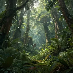 dreamy story of jungle, concept art, cinematic lightening, wide angle shot, in the style of greg rutwoski, very hyper realistic, highly detailed, fantasy art station