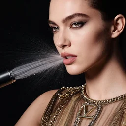 close up of face of a fashion model is getting splash by a hose, luxury dress, official valentino editorial, highly detailed