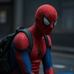 Spiderman wearing backpack ,mellow , dramatic, sad ambience