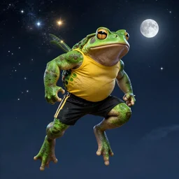an green! muscular toad jumps to the sky to become one with the stars, wearing yellow sleeveless and black sport shorts, cosmos, moon, by mucha and caspar david friedrich, atmospheric lighting, intricate detail, cgsociety, hyperrealistic, octane render, rpg portrait, ambient light, dynamic lighting