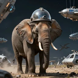 an elephant with a helmet on head, background spaceship