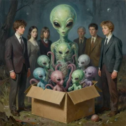 a painting of a group of people standing around a cardboard box full or tentacled alien babies, a surrealist painting by clark voorhees, cg society, pop surrealism, lovecraftian, cosmic horror, surrealist