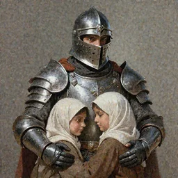 portrait epic armored war commander hugging kids with hijab. highly detailed, digital painting, concept art, smooth, sharp focus, illustration, art by greg rutkowski