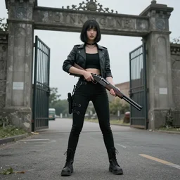 doomgirl stands with a shotgun in her hands near the adm gates, realism, proportions, quality