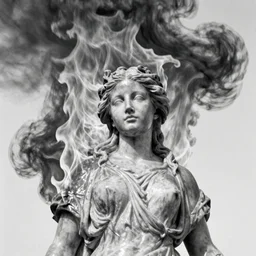 analog photograph portrait of a marble statue of a young woman, on fire, black smoke cloud, big flames, heavy film grain, 8k, sheen, gloss, greyscale, white background, high contrast