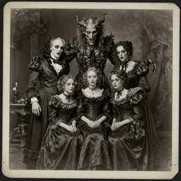 vintage portrait photograph, monochrome plate, monstrous mutant victorian family of demonic cenobite people posing with grotesque lovecraftian god creatures, distressed old photo, deteriorating, grunge, antique, slight sepia tone, horror, madness